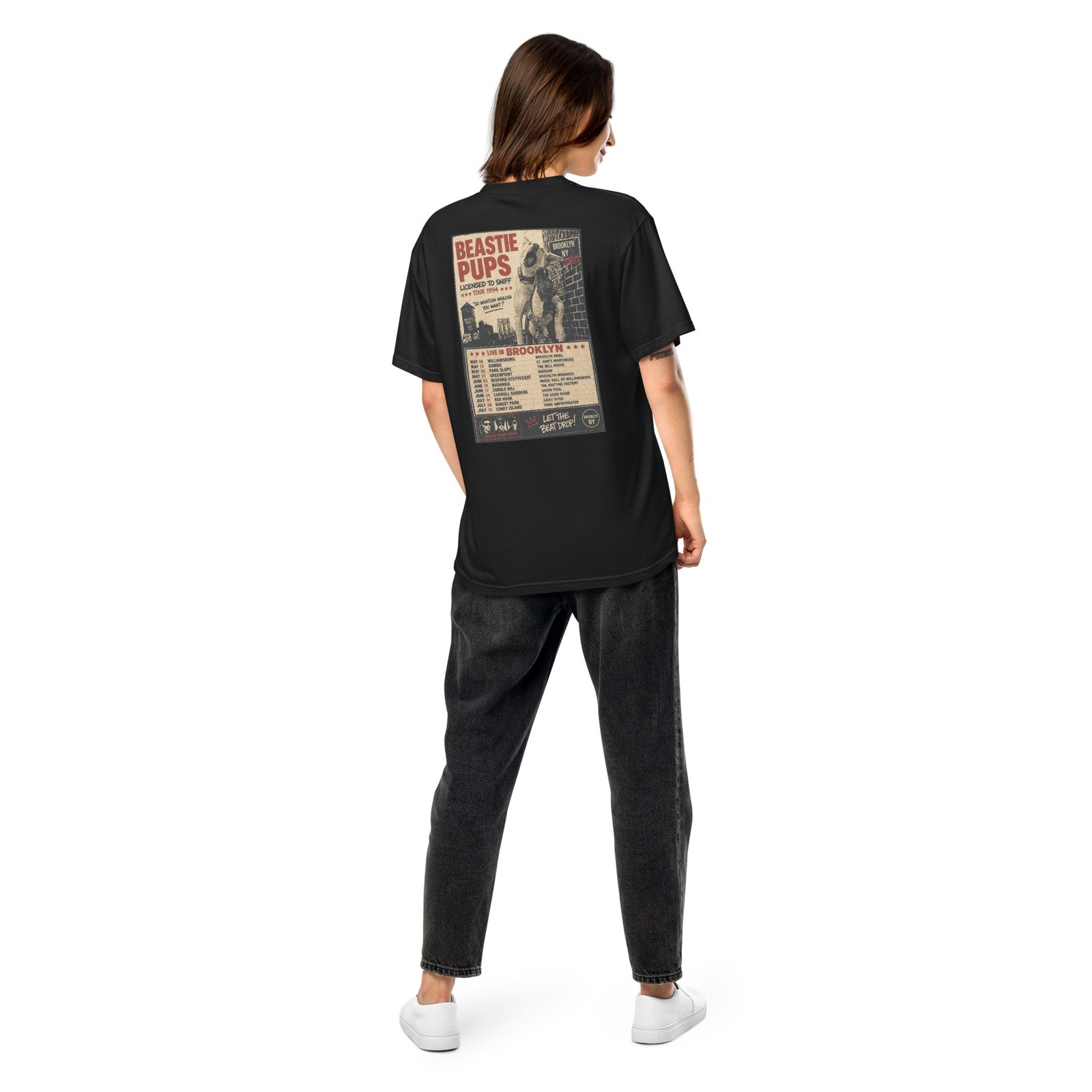 Beastie Pups “Licensed to Sniff” Tour ’94 – Front & Back Organic Oversized High Neck T-Shirt - Image 4
