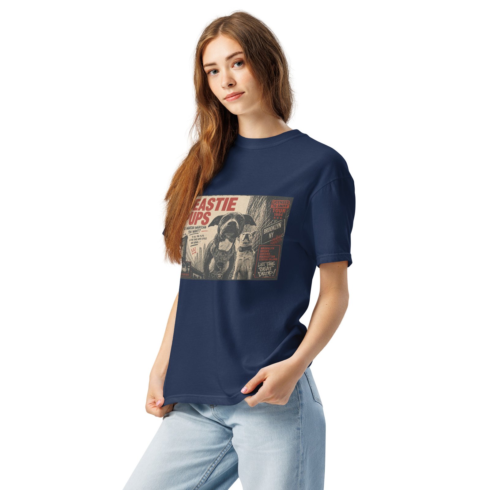 Beastie Pups “Licensed to Sniff” Tour ’94 – Front & Back Organic Oversized High Neck T-Shirt - Image 7